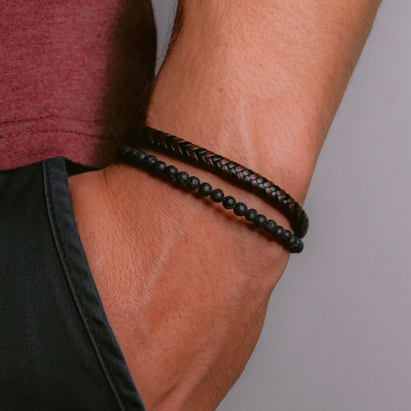 Jacques Lemans Lederarmband mit Lava Perlen