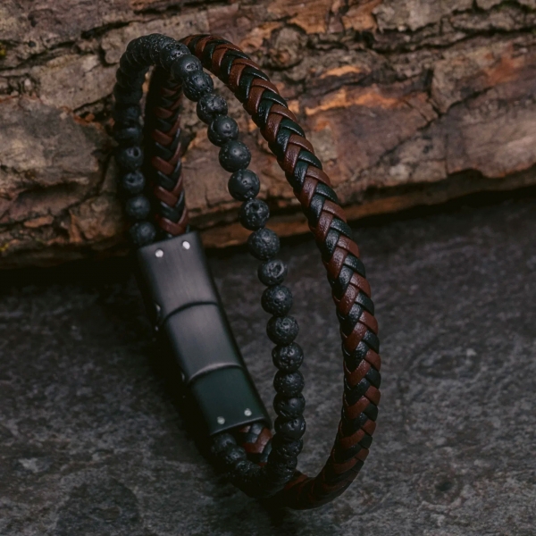 Jacques Lemans Lederarmband mit Lava Perlen