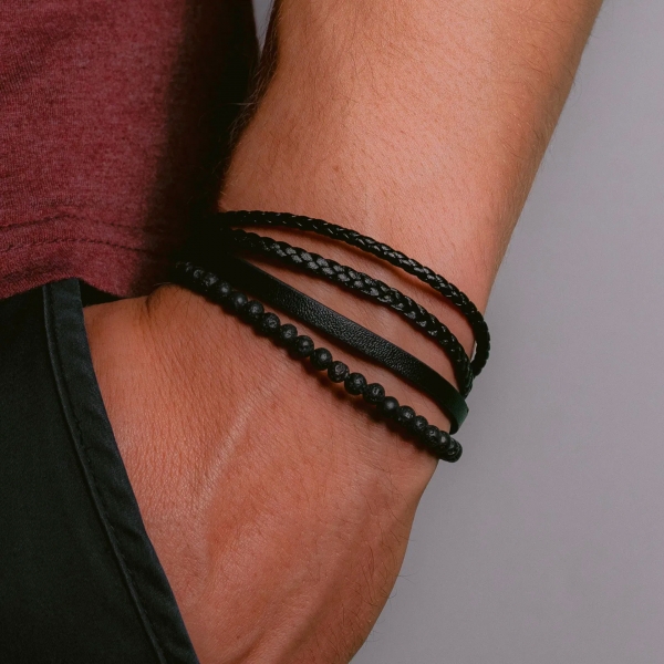 Jacques Lemans Lederarmband mit Lava Perlen Unkontrolliert lässig