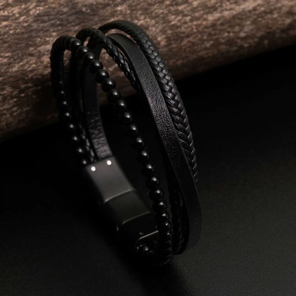 Jacques Lemans Lederarmband mit Onyx